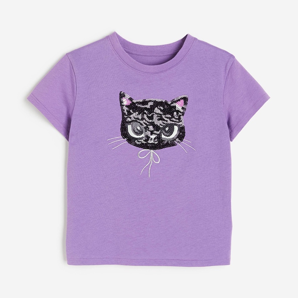 H&M Purple Black Cat Sequin T-Shirt